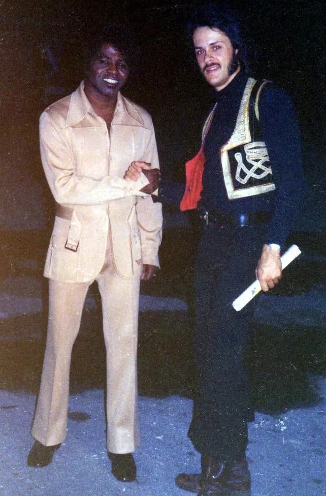 James Brown - James Brown &amp; Swedish DJ Lars Jacob after a Brown concert, as released by image creator Lars Jacob ProdPlace: Fort Homer Hesterly Armory, Howard Ave., Tampa, Florida