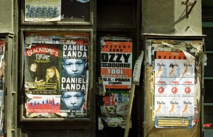 Ozzy Osbourne - Ozzfest concert poster on an empty storefront door in downtown en:Prague, Czech Republic (Summer 2002). Photo by Peter Rimar.