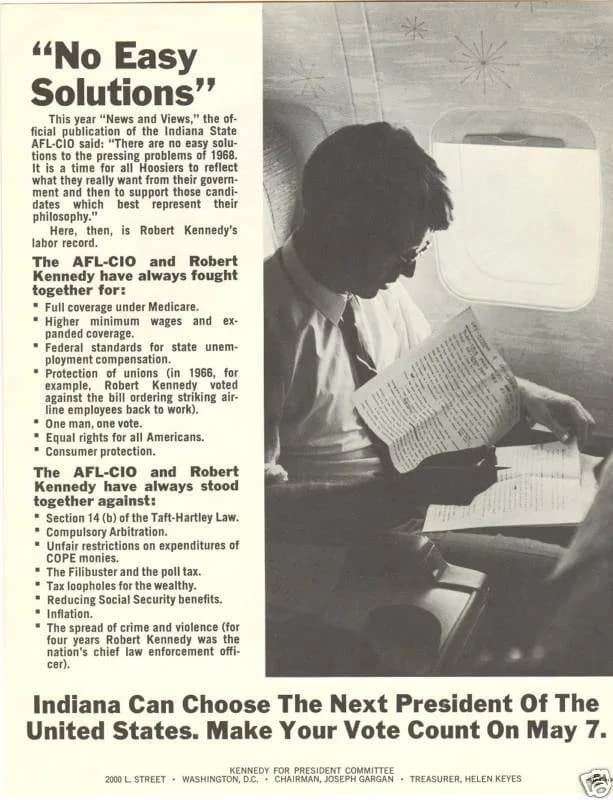 Robert F. Kennedy - Kennedy 1968 campaign handout for Indiana primary
