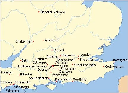 Jane Austen - Map of Britain from Online Map Creation, colored and cropped by Ruhrfisch, red dots are the thirty places where Jane Austen lived or visited, added by Ruhrfisch