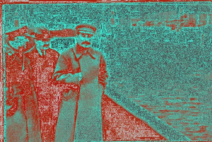Joseph Stalin - Created as below to show the variation of the JPEG compression artifacts:
convert -quality 90 'File:The Commissar Vanishes 2.jpg' 'File:The commissar vanishes - 90% quality JPEG compre