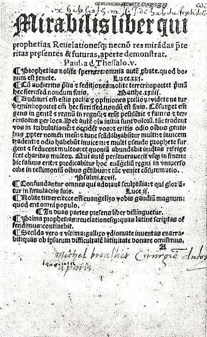 Nostradamus - Title page of Mirabilis Liber, Paris ; Ambroise Girault, ca 1522-1528