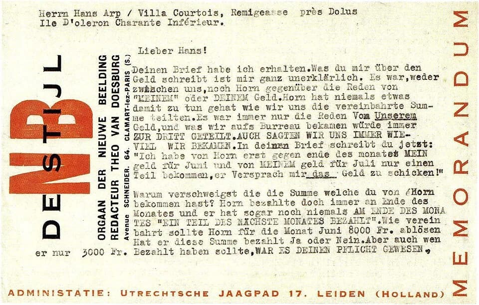 Jean Arp - Theo van Doesburg. Memorandumpapier [met daarop brief aan Hans Arp, begin juli 1927?]. 1922. Drukwerk. 20,5 × 13,5 cm. Den Haag, Rijksbureau voor Kunsthistorische Documentatie.
