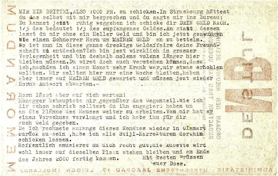 Jean Arp - Theo van Doesburg. brief aan Hans Arp, verso. Begin juli 1927 (?). Drukwerk, getypt. 20,5 × 13,5 cm. Den Haag, Rijksbureau voor Kunsthistorische Documentatie.