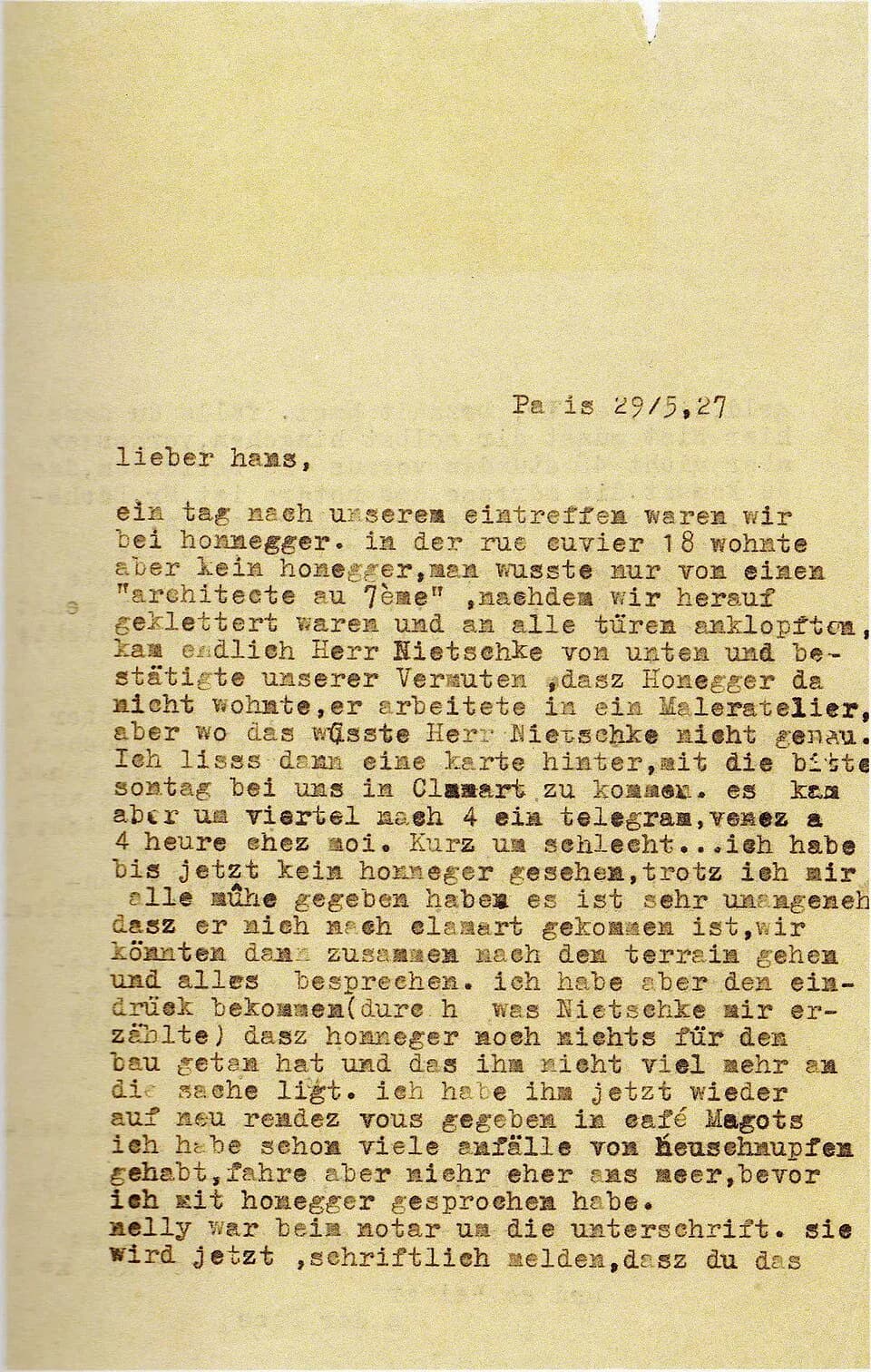 Jean Arp - Theo van Doesburg. brief aan Hans Arp, doorslag, recto. 29 mei 1927. Getypt. Den Haag, Rijksbureau voor Kunsthistorische Documentatie.