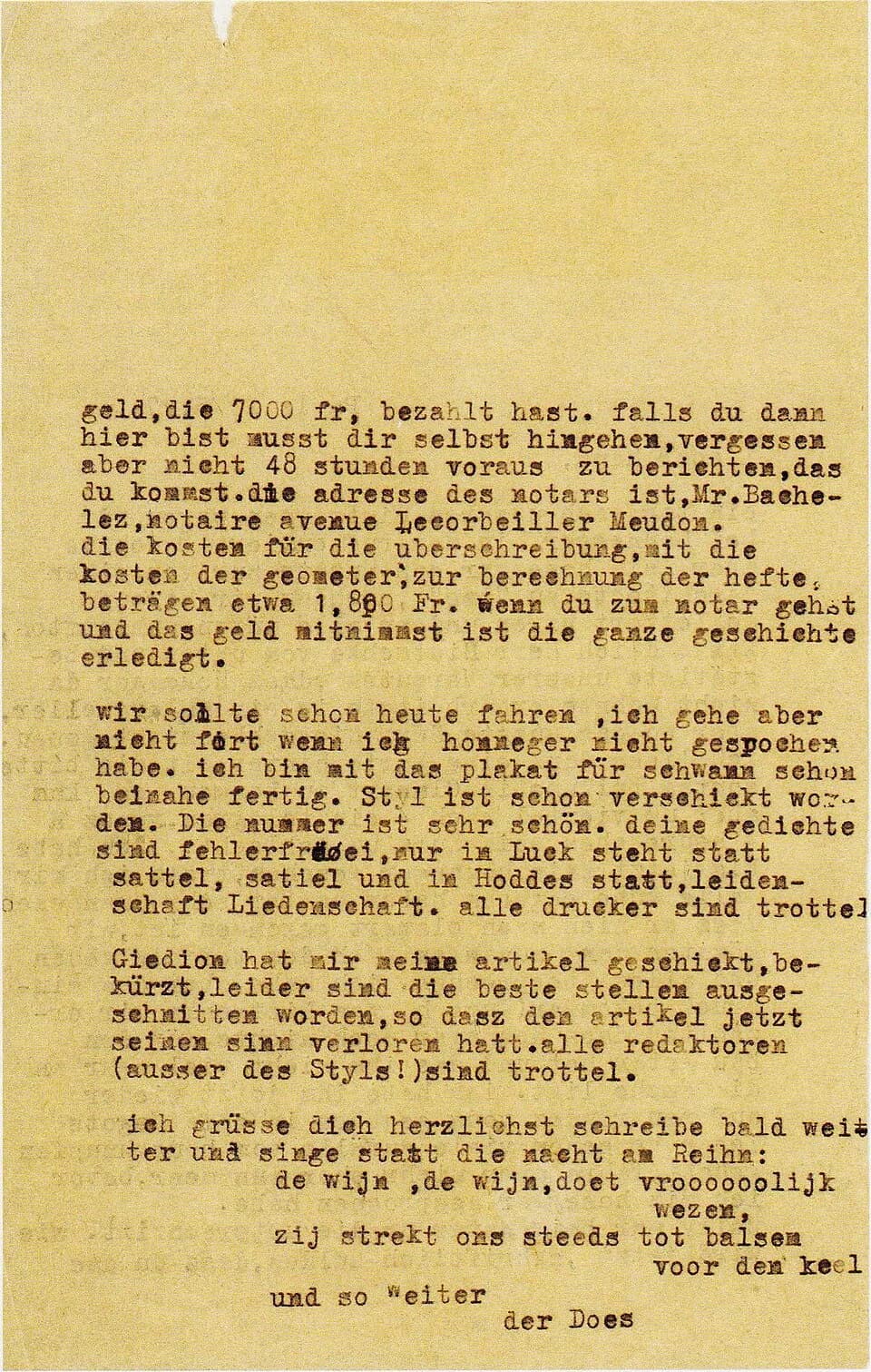 Jean Arp - Theo van Doesburg. brief aan Hans Arp, doorslag, verso. 29 mei 1927. Getypt. Den Haag, Rijksbureau voor Kunsthistorische Documentatie.