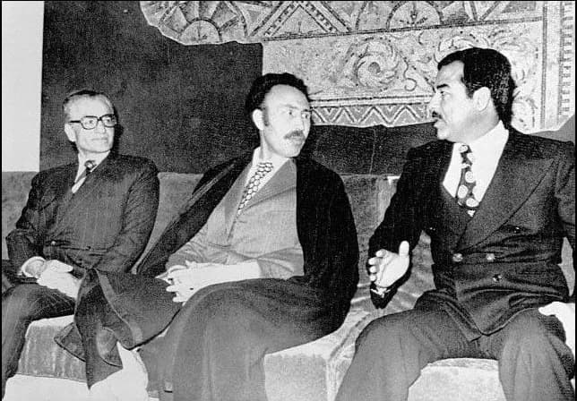 Hawwari Bumadian - Mohammad Reza Pahlavi met Houari Boumediene and Saddam Hussein in Algeria at 1975 for register 1975 Algiers Agreement.