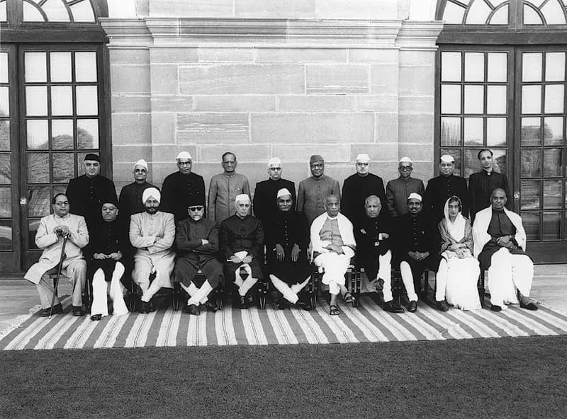 Abul Kalam Azad - Dr. Rajendra Prasad, President of India, seen with the Members of the Union Cabinet at Government House, New Delhi, on 31 January 1950, before the President drove in State to the Ind