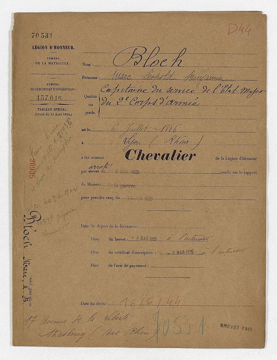 Marc Bloch - A scan of the French Department of War's official bestowing of the Chevalier de la Légion d'honneur on Marc Bloch, 8 November 1920