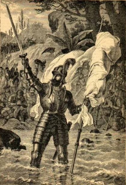 Vasco Núñez de Balboa - Vasco Núñez de Balboa claims the South Sea. XIXth century engraving by unknown artist.