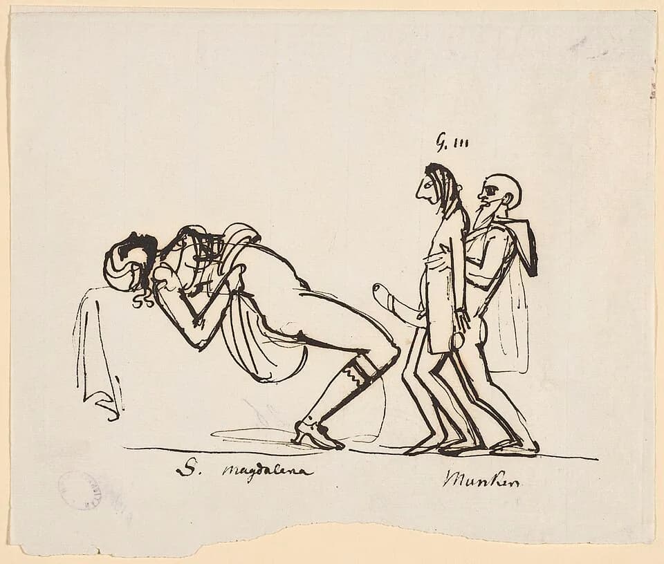 Gustav III of Sweden - Caricature of Gustav III's Attempt to Produce an Heir.  Adolf Fredrick Munck assists Gustav with his first sexual intercourse with Sofia Magdalena 
Title: Erotisk scen
Date: 177