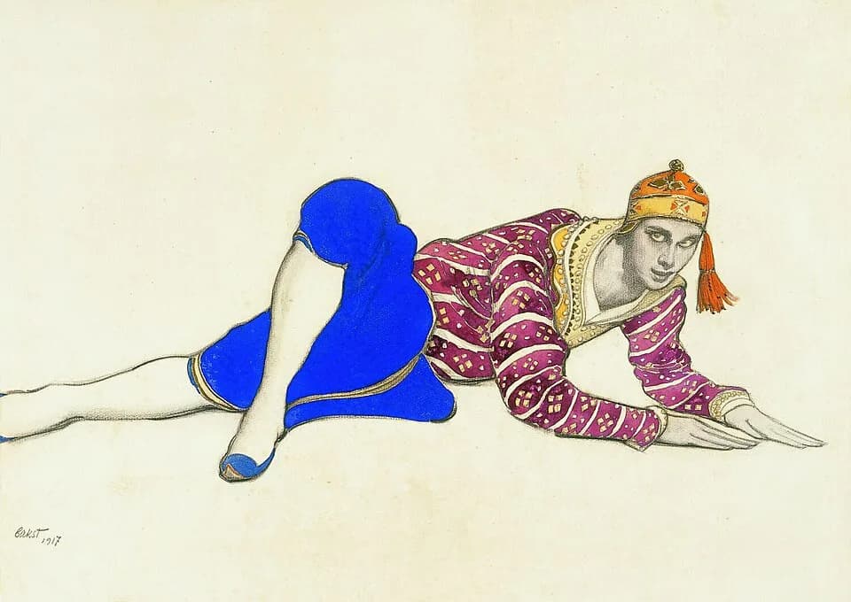 Vaslav Nijinsky - Bakst, Leon (1866-1924)
Costume design for Vaslav Nijinsky as the Chinese Dancer in Les Orientales. 1917. Watercolor and graphite on paper, 18 x 25 3/8 in. Gift of the Tobin Foundati