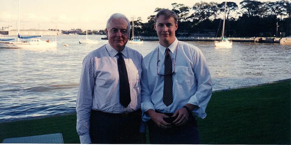 Gough Whitlam - Reclusive Australian Pastellist James DeWeaver with Former P.M.Gough Whitlam after lunch in Milsons Point,Nth.Sydney