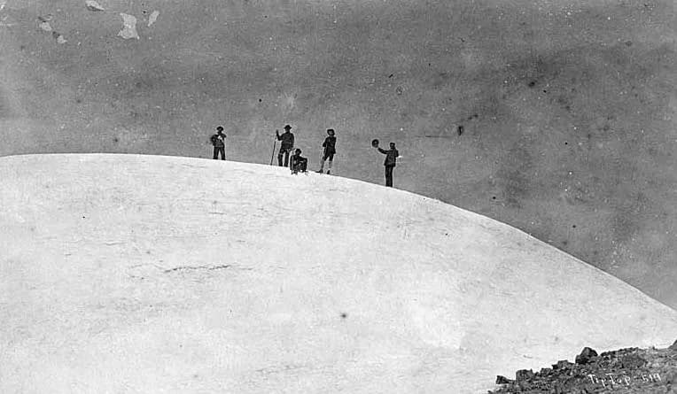 John Muir - John Muir and climbing party at summit of Mount Rainier, 1888.
On verso of image: The summit of Mt. Rainier, 1888. Left to right: D.W. Bass, P.B. Van Trump, John Muir, N.O. Booth, E.S. Ing