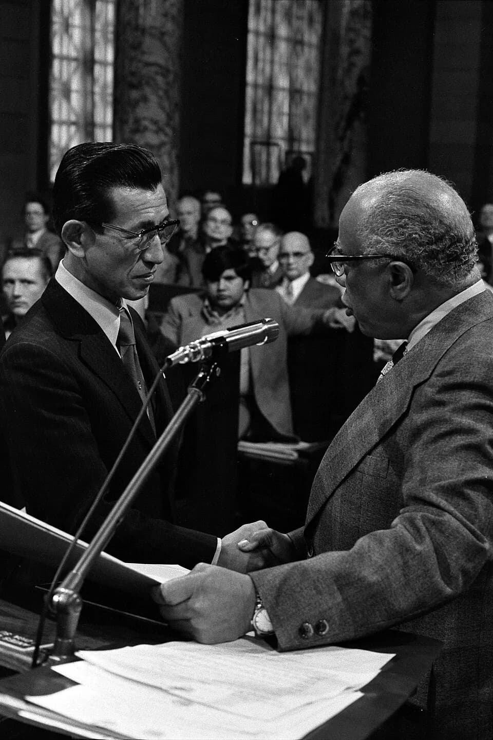 Hiroo Onoda - Hiroo Onoda (left) with councilman Gilbert Lindsay in the City Council Chamber in City Hall, Los Angeles