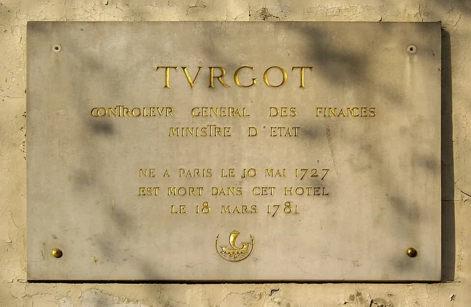Anne Robert Jacques Turgot - Plaque apposée sur l'hôtel particulier au n° 108 de la rue de l'Université, Paris 7e, où le contrôleur général des finances Turgot (1727-1781) passa les dernières années d
