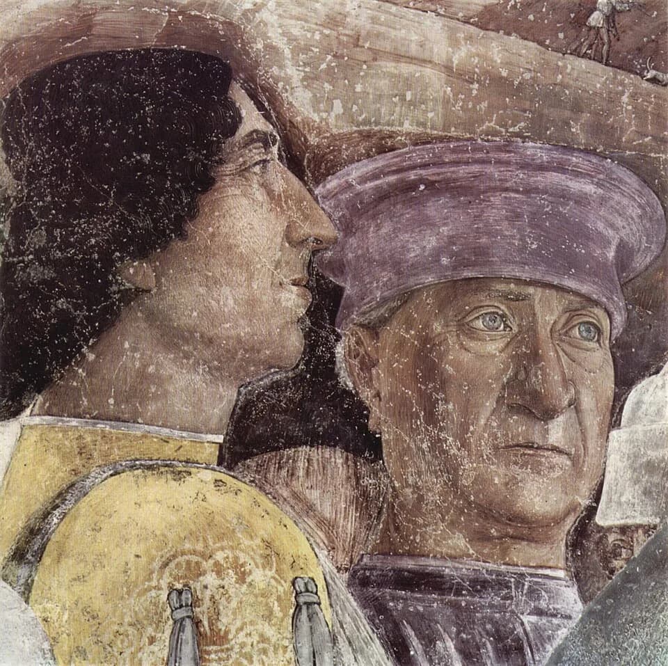 Christian I of Denmark - Freskenzyklus in der Camera degli Sposi im Palazzo Ducale in Mantua, Szene: Zusammentreffen von Herzog Ludovicio mit Kardinal Francesco Gonzaga, Detail: Selbstporträt Mantegna