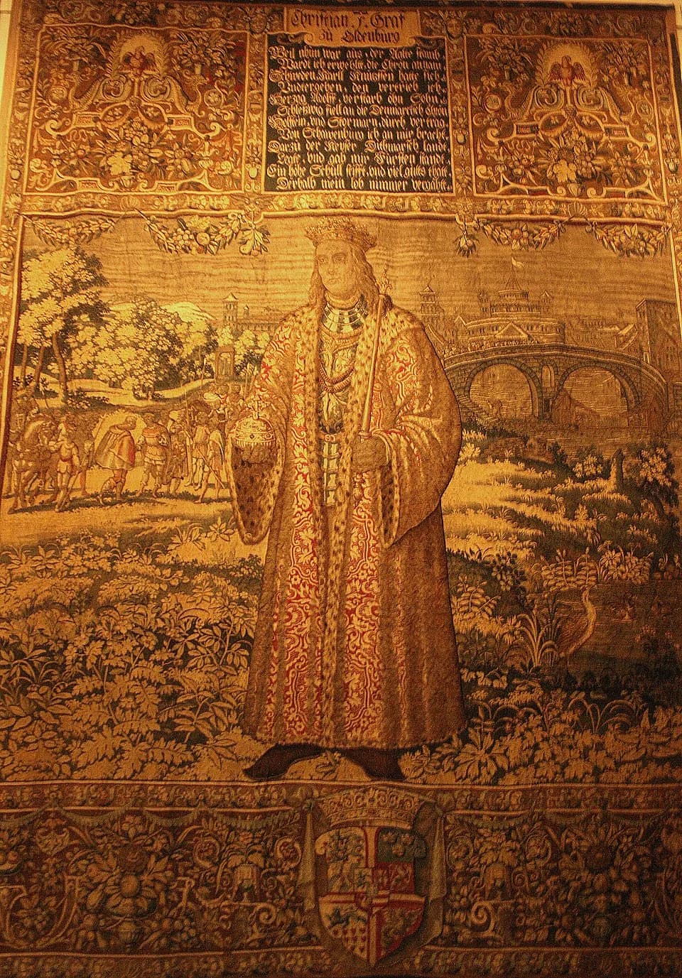 Christian I of Denmark - Christian I of Denmark (first Danish monarch of the house of Oldenburg). From the series of Kronborg Tapestries by Hans Knieper, 1580s.
