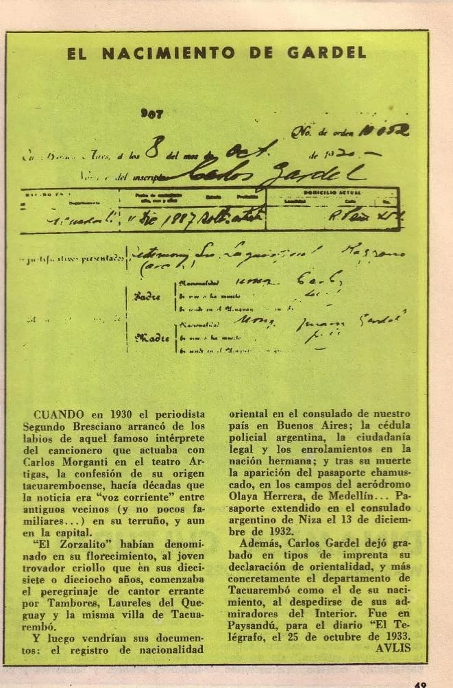 Carlos Gardel - Partida de Nacimiento (Tacuarembó - Uruguay).JPG