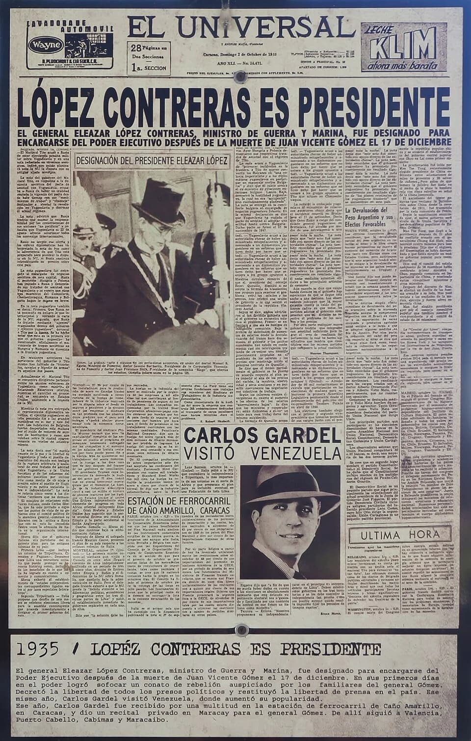 Carlos Gardel - El Universal. Edición exhibida en el parque temático La Venezuela de Antier. Mérida. Venezuela.