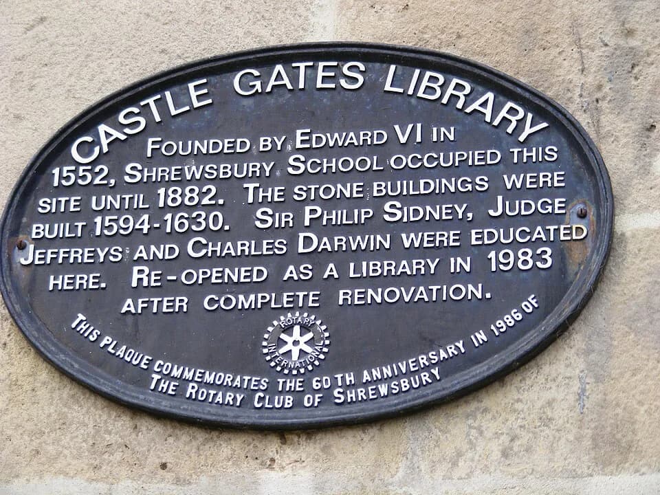 Philip Sidney - Information plaque on Castle Gates Library, Shrewsbury, by central entrance archway.