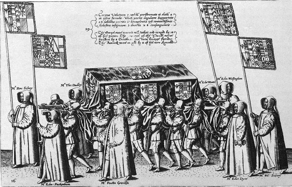 Philip Sidney - The casket of Sir Philip Sidney, Plate 16 from Procession at the Obsequies of Sir Philip Sidney by Thomas Lant, engraved by Theodor de Bry