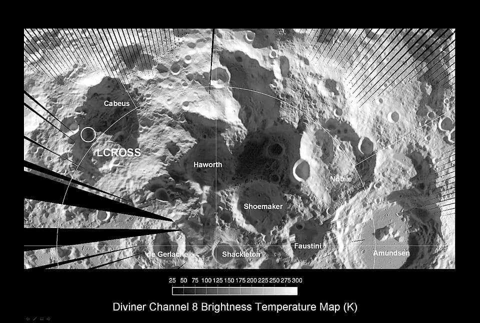 Norman Haworth - Lunar south pole temperature as imaged by Diviner. Annotated. Cabeus Crater, de Gerlache Crater, Haworth Crater, Shackleton Crater, Shoemaker Crater, Faustini Crater, Nobile Crater, A