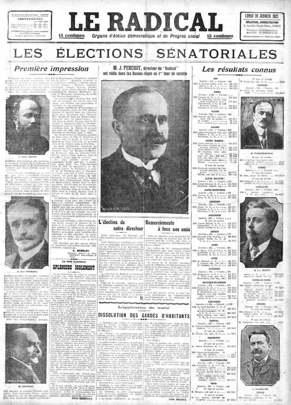 Gaston Doumergue - Une du Radical du 10 janvier 1921.