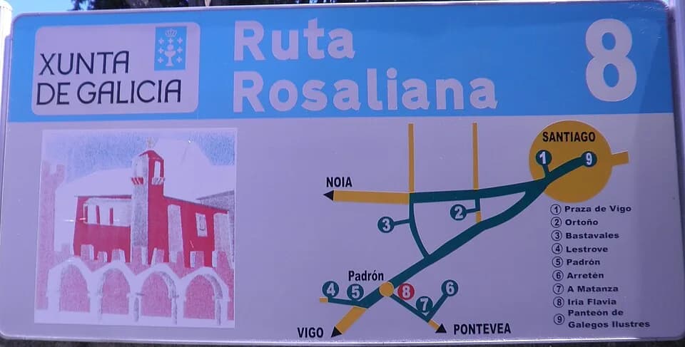 Rosalía de Castro - Letreiro co plano da Ruta Rosaliana en Iria Flavia, Padrón.