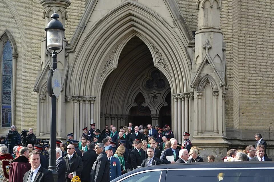 Brian Mulroney - Jim Flaherty's state funeral held at the St. James church in Toronto, Ontario, Canada on April 16, 2014.