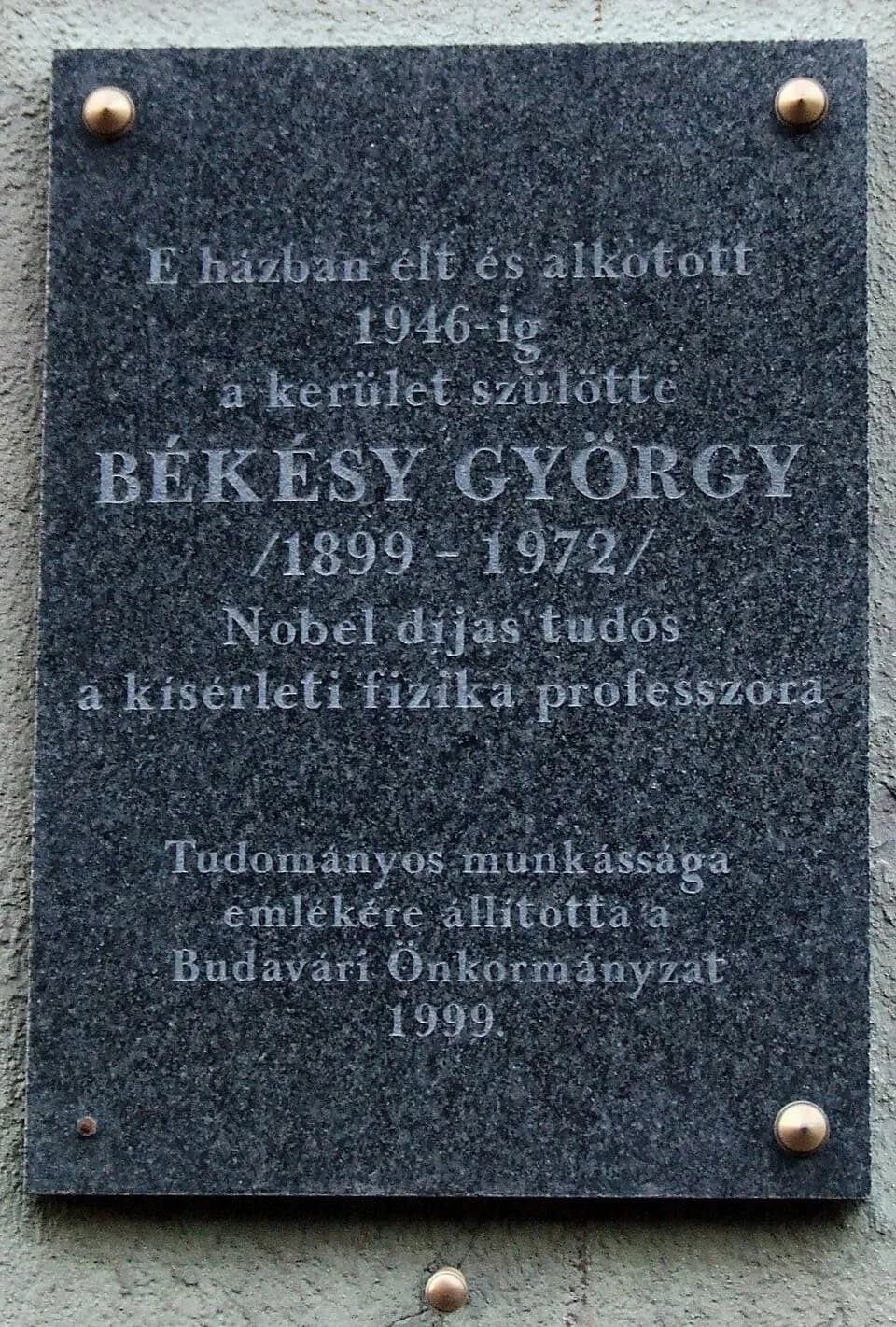 Georg von Békésy - György Békésy commemorative plaque in Budapest District I, Fő Street No 19