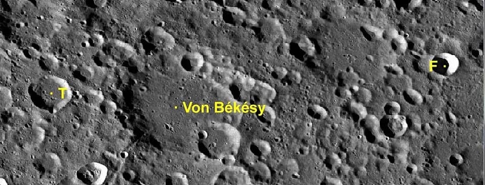 Georg von Békésy - Cráter lunar Von Békésy. Cráteres satélite. (imagen LRO)