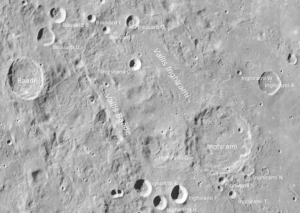 Walter Baade - Craters Baade with Vallis Baade and Inghirami with Vallis Inghirami (detail of LRO - WAC global moon mosaic; Mercator projection)