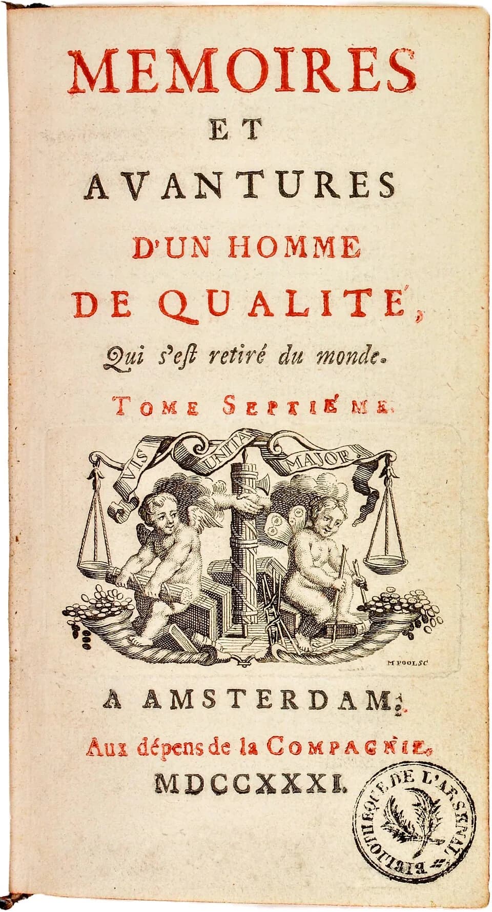 Antoine François Prévost - Frontispiece of Abbé Prévost's Memoires et avantures d'un homme de qualité qui s'est retire du monde, Amsterdam [i.e. Paris], aux dépens de la Compagnie [i.e. François Didot