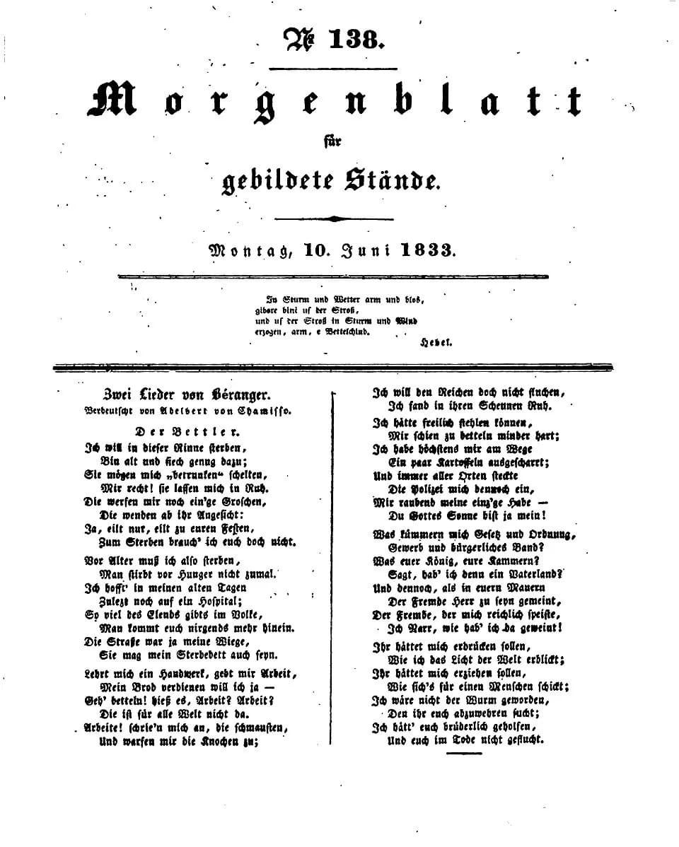 Pierre-Jean de Béranger - Morgenblatt für gebildete Stände, Band 15, Teil 1, Verlag	J. G. Cotta'sche Buchhandlung, 1833