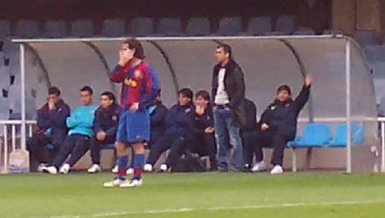 Tito Vilanova - Josep Guardiola as coach of FC Barcelona B in the match against CF Vilanova i La Geltrú, 24 February 2008. Guardiola is standing before his dug-out. His assistant Tito Vilanova is on t