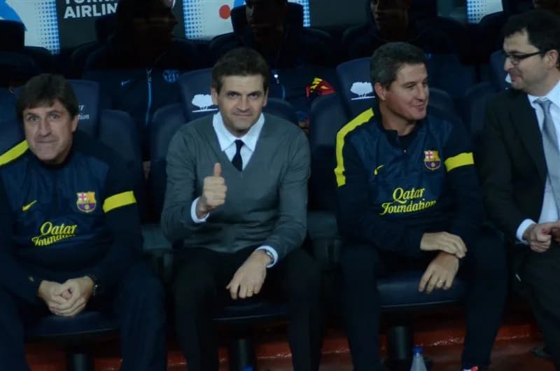 Tito Vilanova - Tito Vilanova, FC Barcelona coach, just before the match between FC Barcelona and Celta de Vigo. He is seated between Jordi Roura and Aureli Altimira.