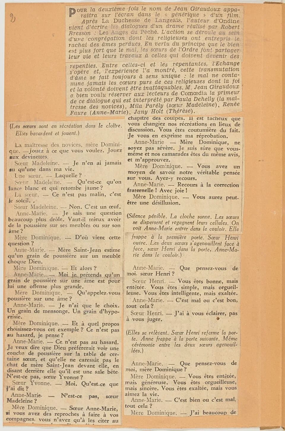 Robert Bresson - Sujet : Les anges du péché (film)
Contient : coupures de presse

Langue : français