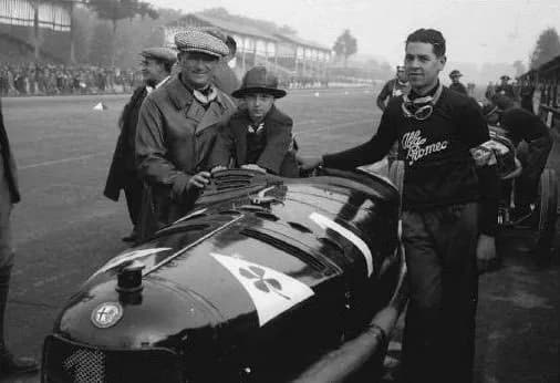Alberto Ascari - Entry #1 at Monza for the Italian GP at Monza on 19 October 1924 was an Alfa Romeo P2 driven by WINNER Antonio Ascari, standing left of his son Alberto Ascari (born 1918).  Mechanic G