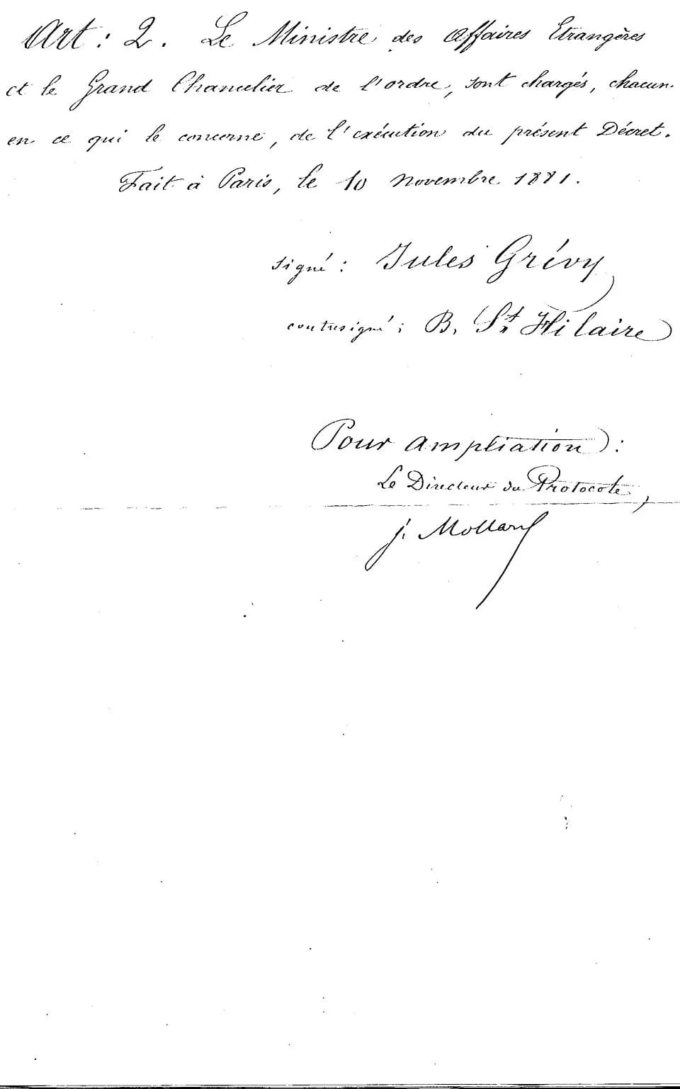 Jules Grévy - Presidential decree by Jules Grévy, on the recommendation of his Minister of Foreign Affairs Jules Barthélemy-Saint-Hilaire, granting various levels of the Légion d'Honneur to approximat