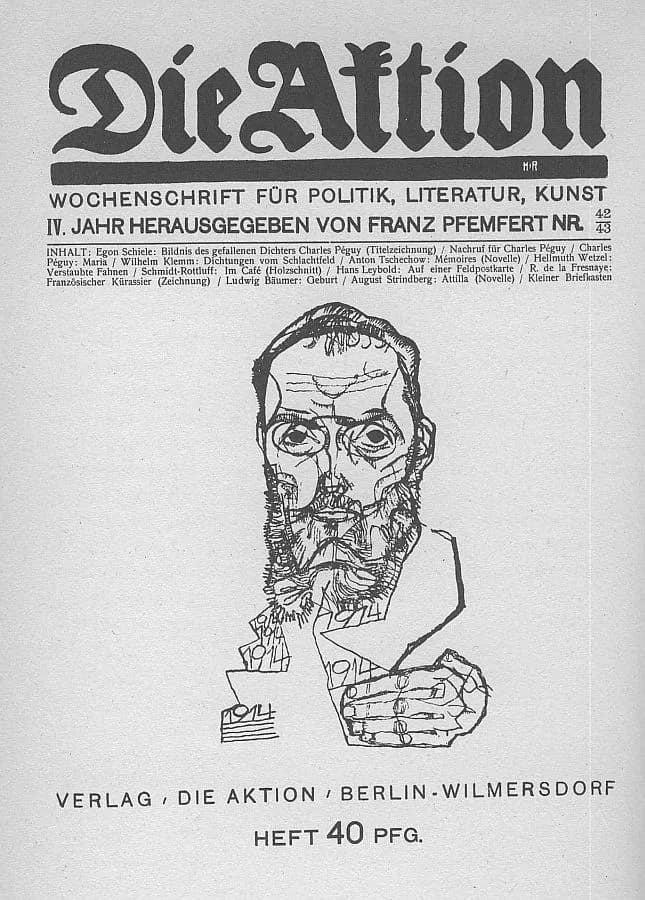 Charles Péguy - Front cover of the German "Die Aktion" from 1914. Illustration of Charles Péguy's on the occasion of his death made by Egon Schiele