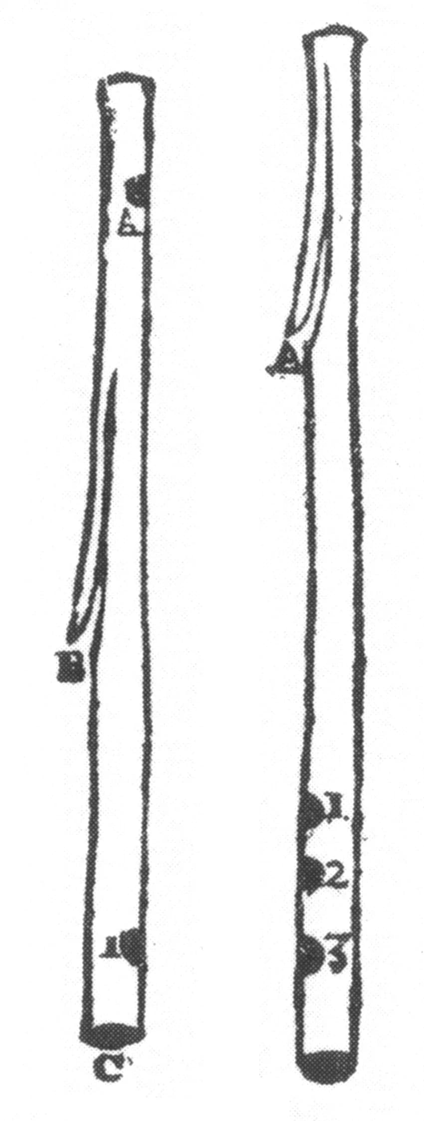 Marin Mersenne - Illustrations of two musical instruments made from wheat stalks designated as chalumeaux in Mersennes Dictionary of 1636