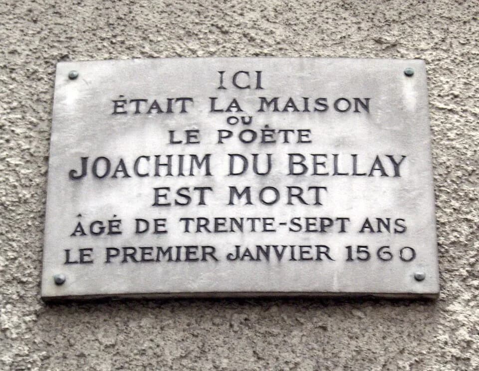 Joachim du Bellay - Plaque apposée à l'intersection de la rue Chanoinesse et de la rue Massillon, Paris 4e. « Ici était la maison où le poète Joachim du Bellay est mort âgé de trente-sept ans le premi