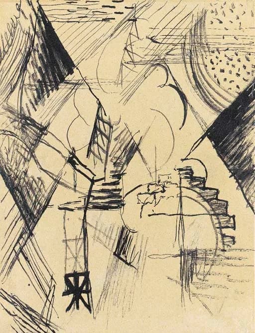 Robert Delaunay - La Tour Eiffel et la Roue. Pen and India ink on buff paper, 40.1 x 31 cm.