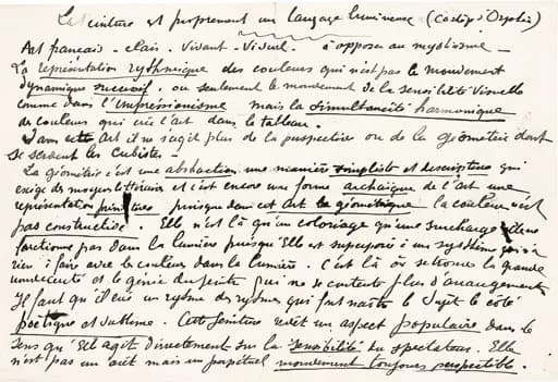 Robert Delaunay - Manuscript by Robert Delaunay. La Peinture est proprement un langage lumineux ..., detail from one of three pages