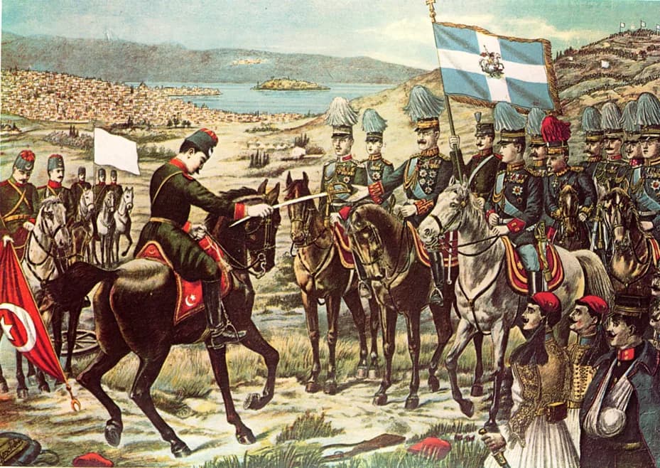 Constantine I of Greece - Fanciful depiction of the surrender of Ioannina by Esad pasha to Greek Crown Prince Constantine during the First Balkan War.