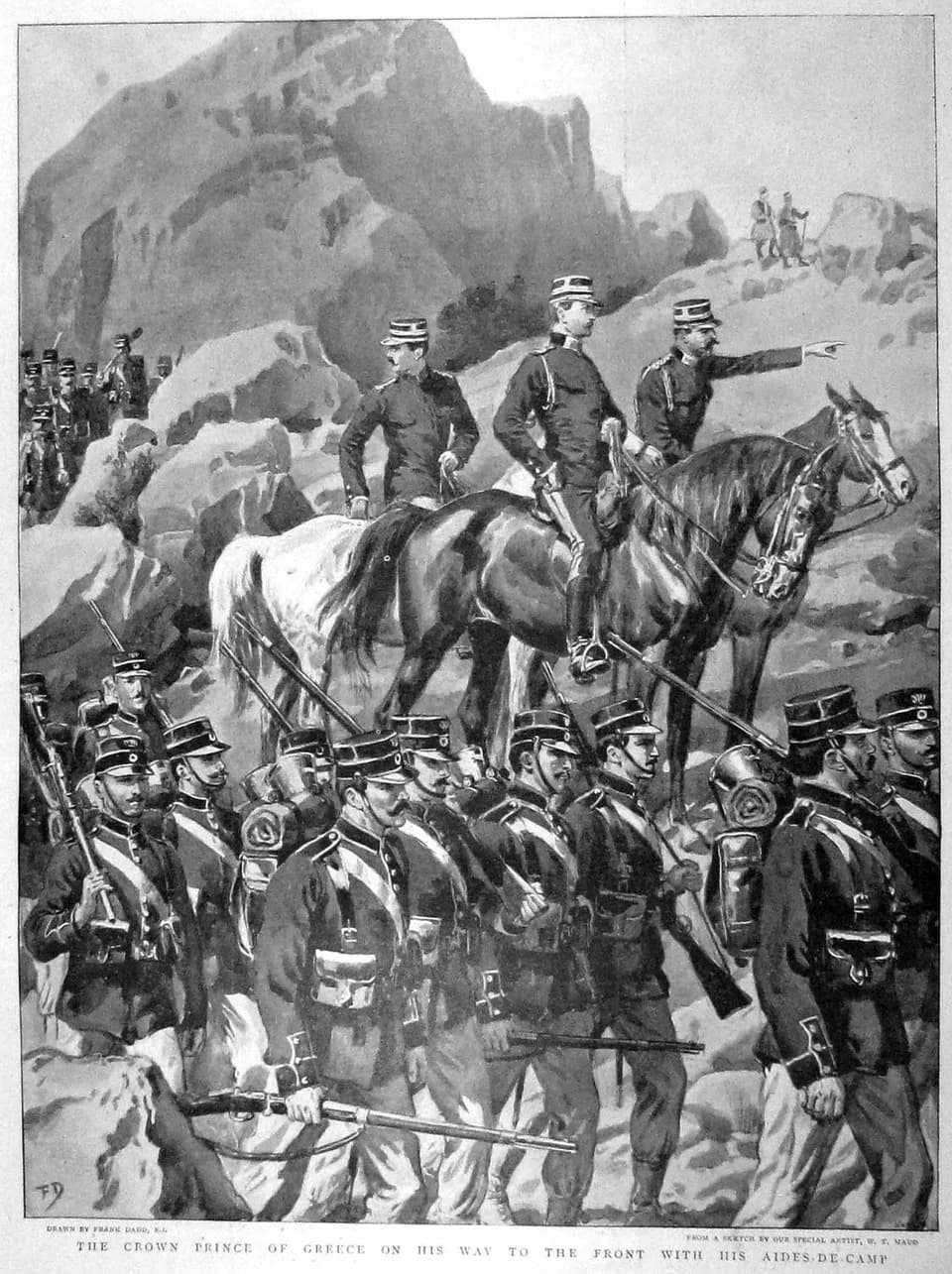 Constantine I of Greece - The Crown Prince of Greece on his way to the Front with his Aides-de-Camp. Illustration for The Graphic, 1 May 1897.
Crown Prince Constantine of Greece with his aides, and a 