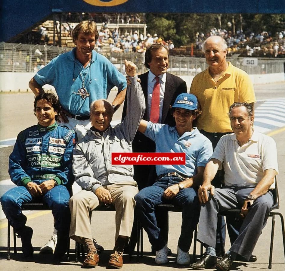 Jack Brabham - Great "glories" of the Formula One, together: fltr: (up): James Hunt, Jackie Stewart, Dennis Hulme; (down): Nelson Piquet, Juan M. Fangio, Ayrton Senna, Jack Brabham