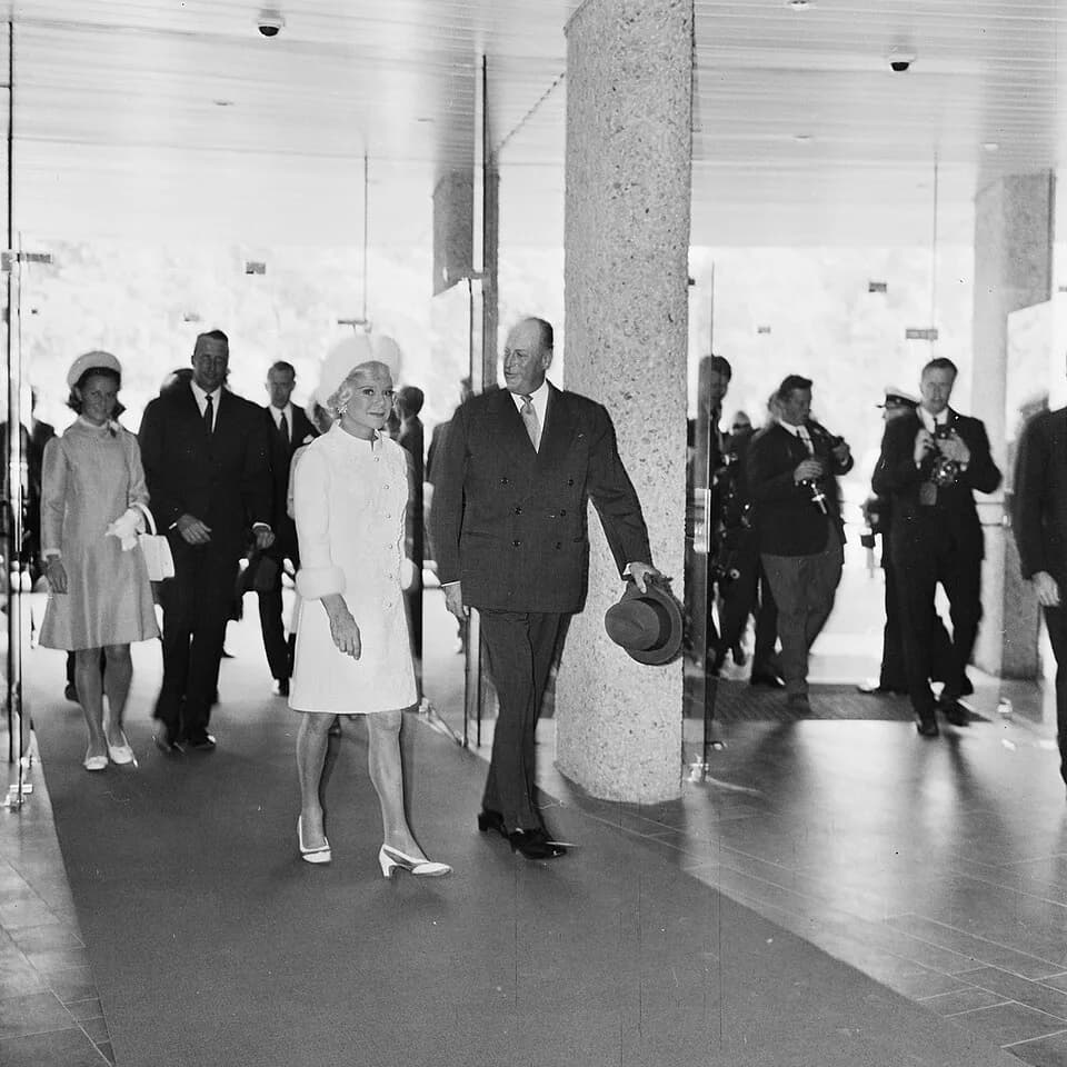 Sonja Henie - From the opening of Henie-Onstad Art Centre in 1968. In front: Sonja Henie and King Olav V, behind: Crown Princess Sonja and Crown Prince Harald