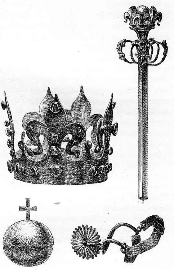 Casimir III the Great - Ilustracja Encyklopedii staropolskiej T.3 045 - korona, jabłko, berło i ostroga Kazimierza Wielkiego